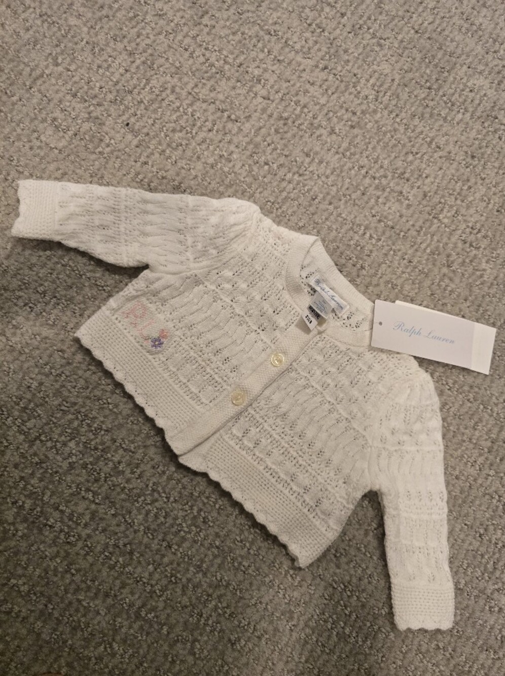 NEW Ralph Lauren Cream Knit Baby Cardigan with Subtle Embroidery